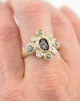 Meteorite Ring with Rough Diamonds, Sapphires and Moissanite in 14k Yellow Gold - size 5.5 - Ready to Ship - Beth Cyr Handmade Jewelry