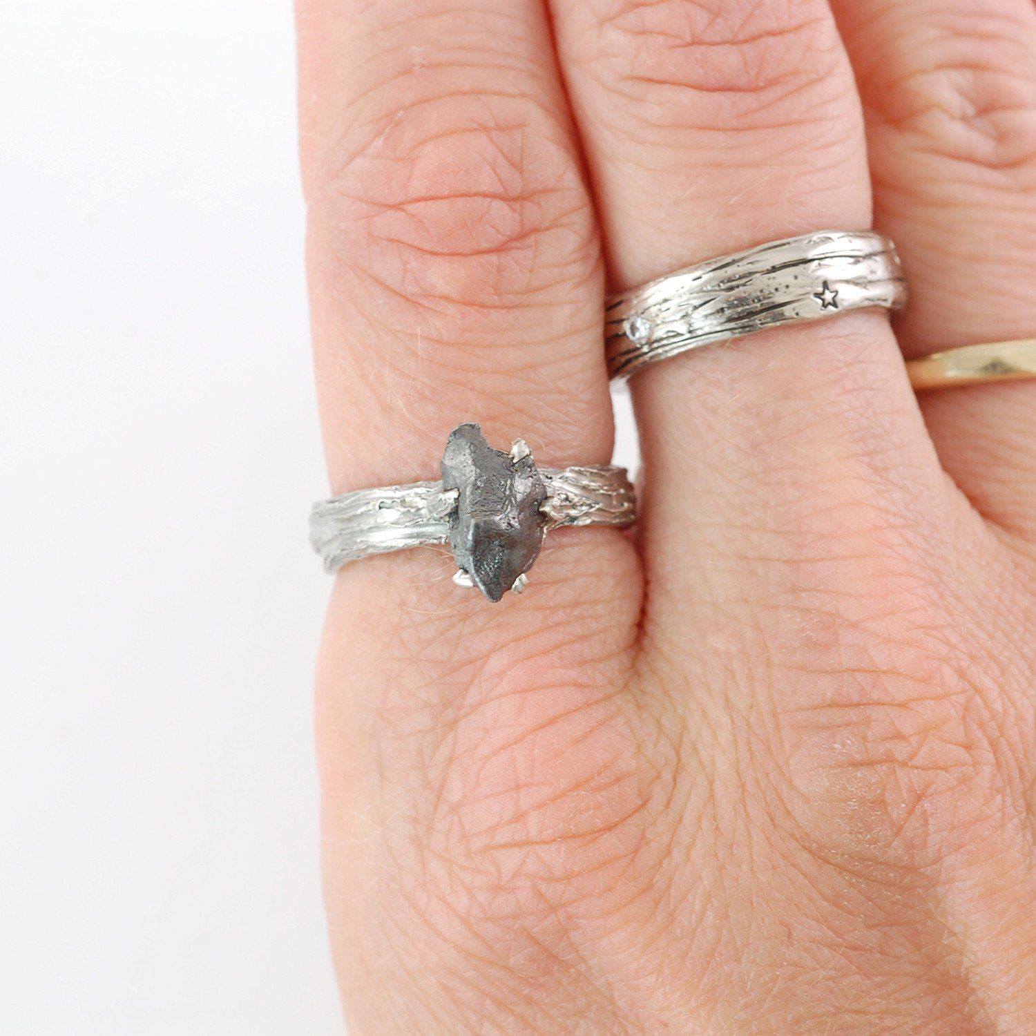 Tree Bark Ring with Meteorite in Palladium Sterling Silver - size 6.25 - Ready to Ship - Beth Cyr Handmade Jewelry