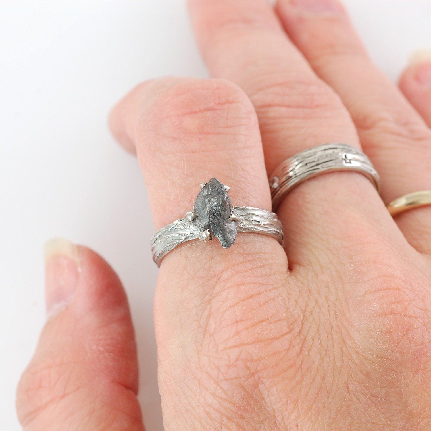 Tree Bark Ring with Meteorite in Palladium Sterling Silver - size 6.25 - Ready to Ship - Beth Cyr Handmade Jewelry