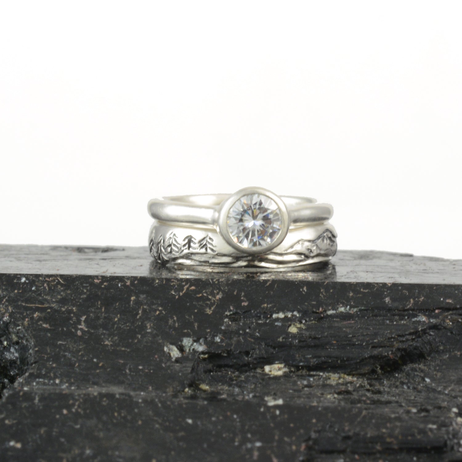 Landscape band with moissanite simplicity ring - final balance