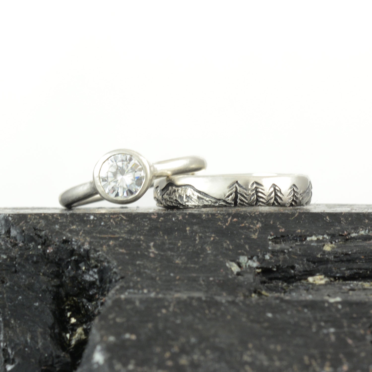 Landscape band with moissanite simplicity ring - final balance