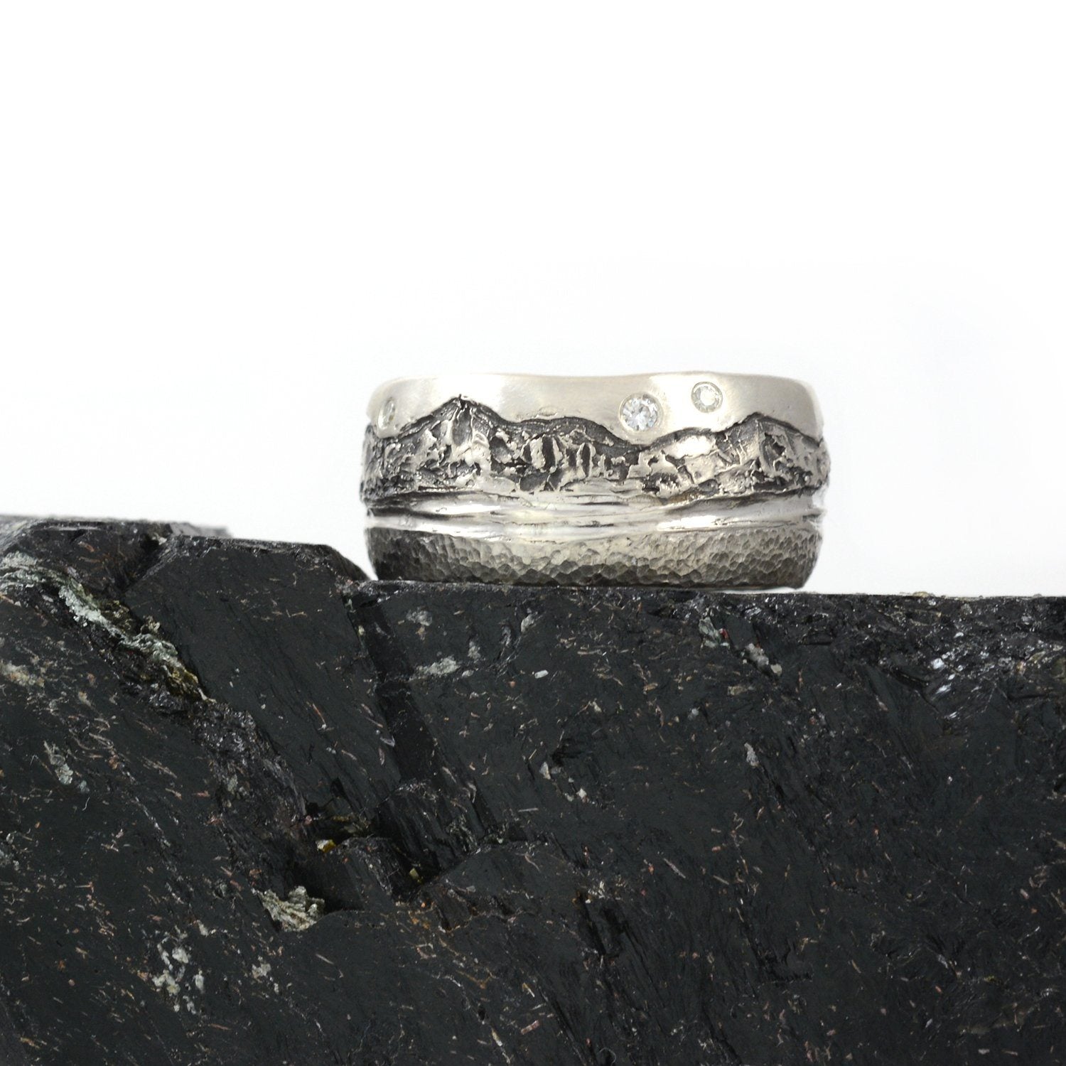 Mountain, Sea and Sand Ring in Palladium Sterling Silver with Moissanite - Size 8 - Ready to Ship - Beth Cyr Handmade Jewelry