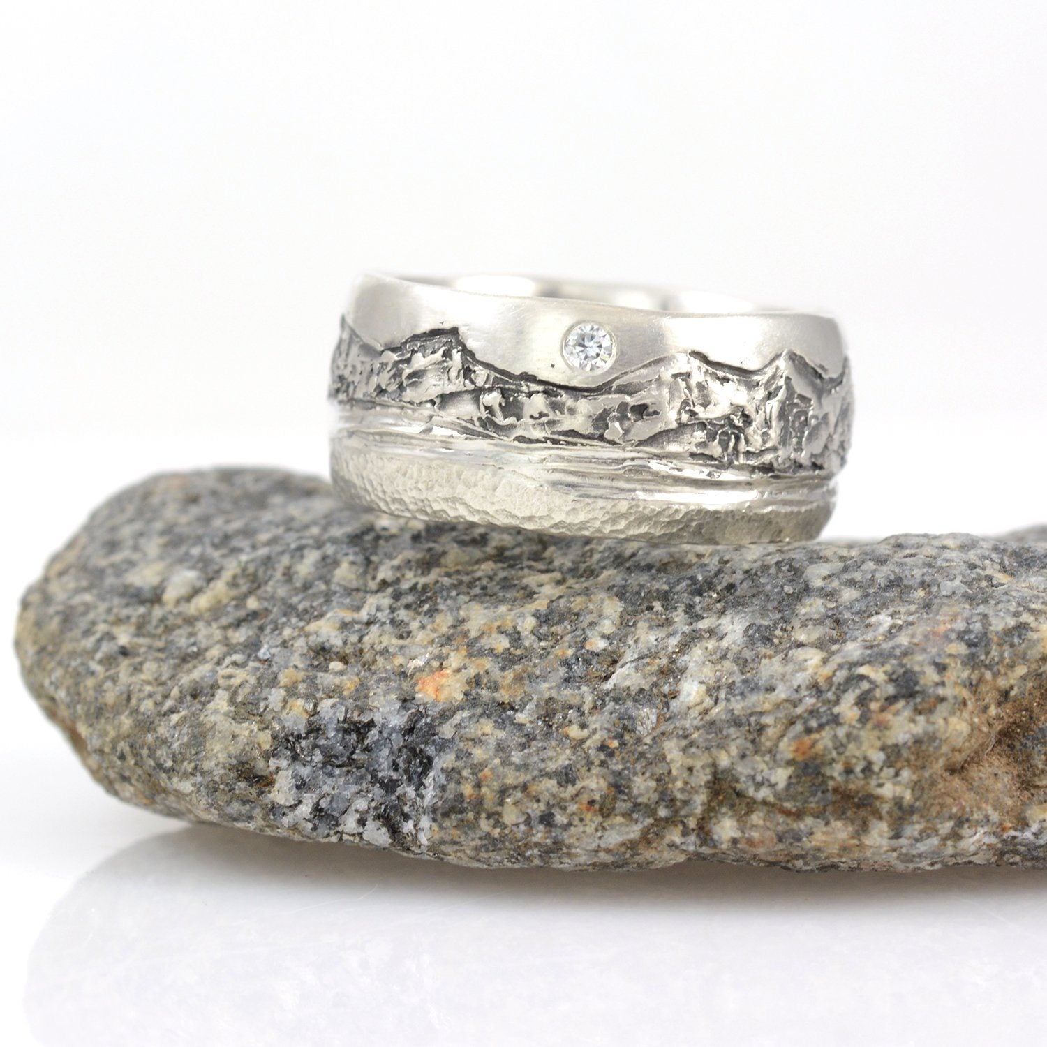 Mountain, Sea and Sand Ring in Palladium Sterling Silver with Moissanite - Size 8 - Ready to Ship - Beth Cyr Handmade Jewelry