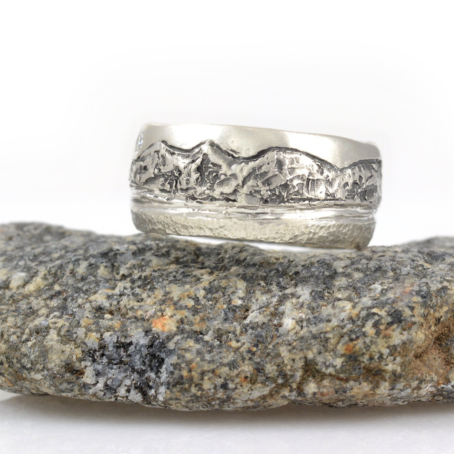 Mountain, Sea and Sand Ring in Palladium Sterling Silver with Moissanite - Size 8 - Ready to Ship - Beth Cyr Handmade Jewelry