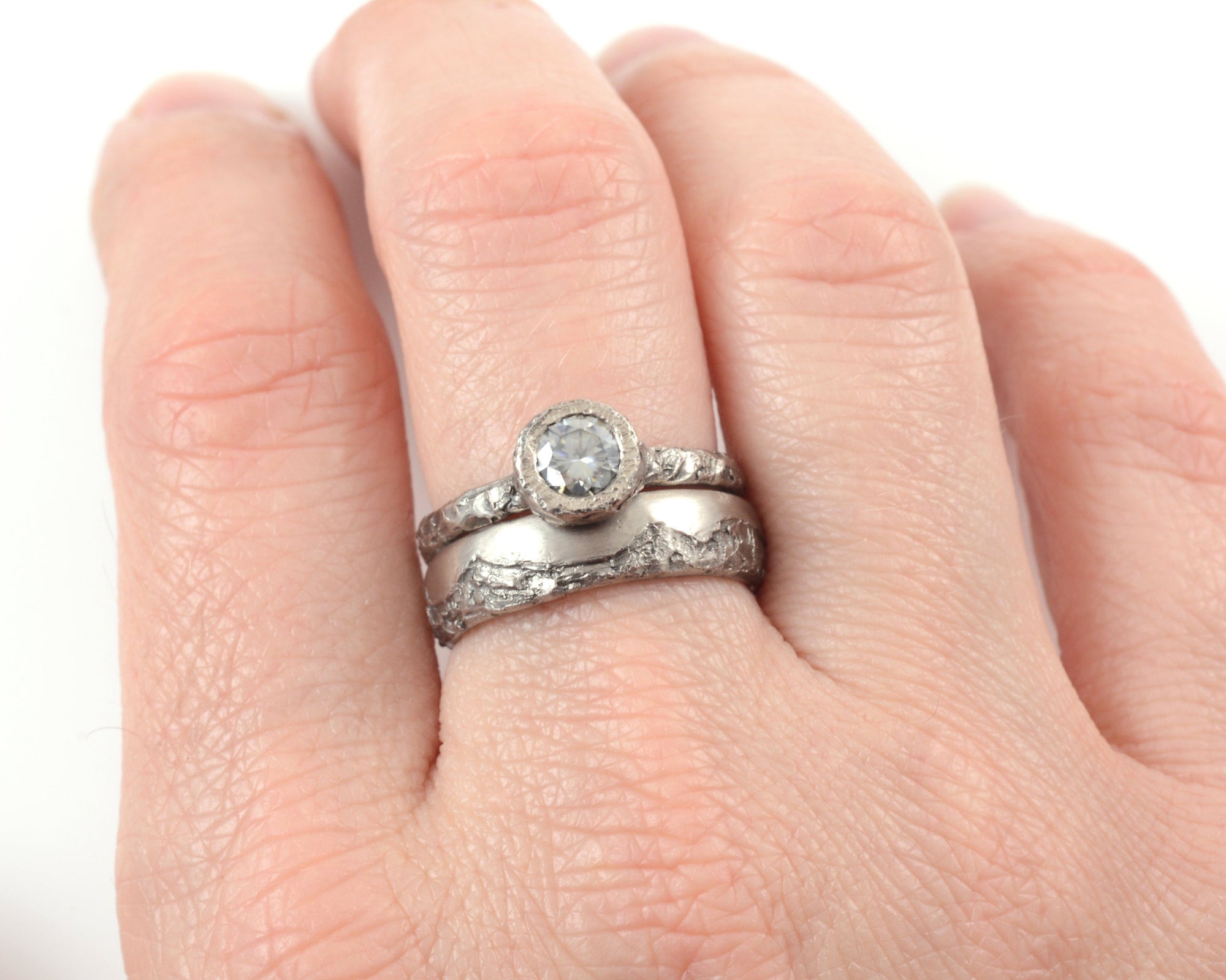 Mountain Ring Set with Dark Gray Moissanite in Palladium/Silver - size 6 - Ready to Ship - Beth Cyr Handmade Jewelry