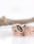 Custom Order for Amanda - rose gold twig ring with blue sapphire and leaf - Beth Cyr Handmade Jewelry