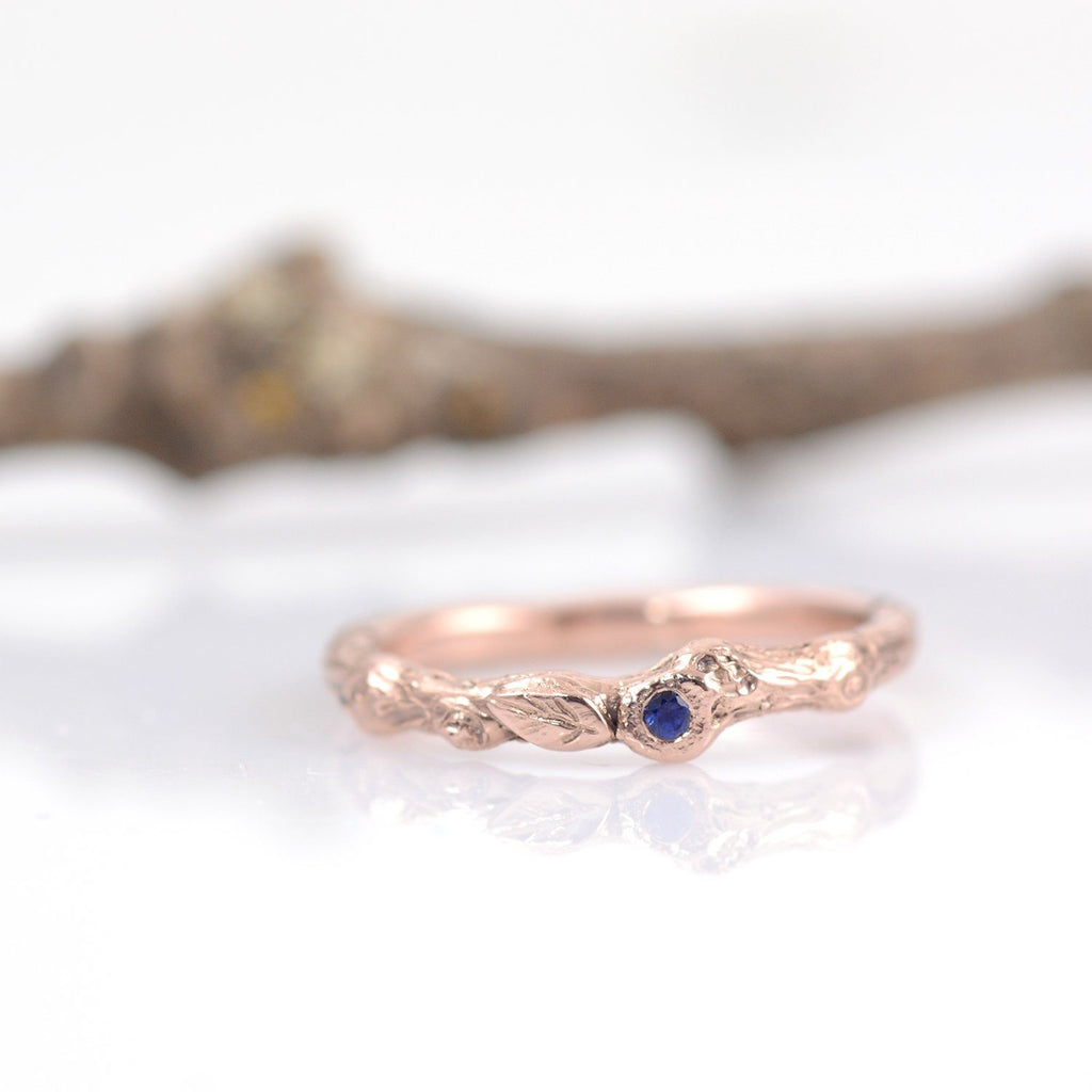 Custom Order for Amanda - rose gold twig ring with blue sapphire and leaf - Beth Cyr Handmade Jewelry