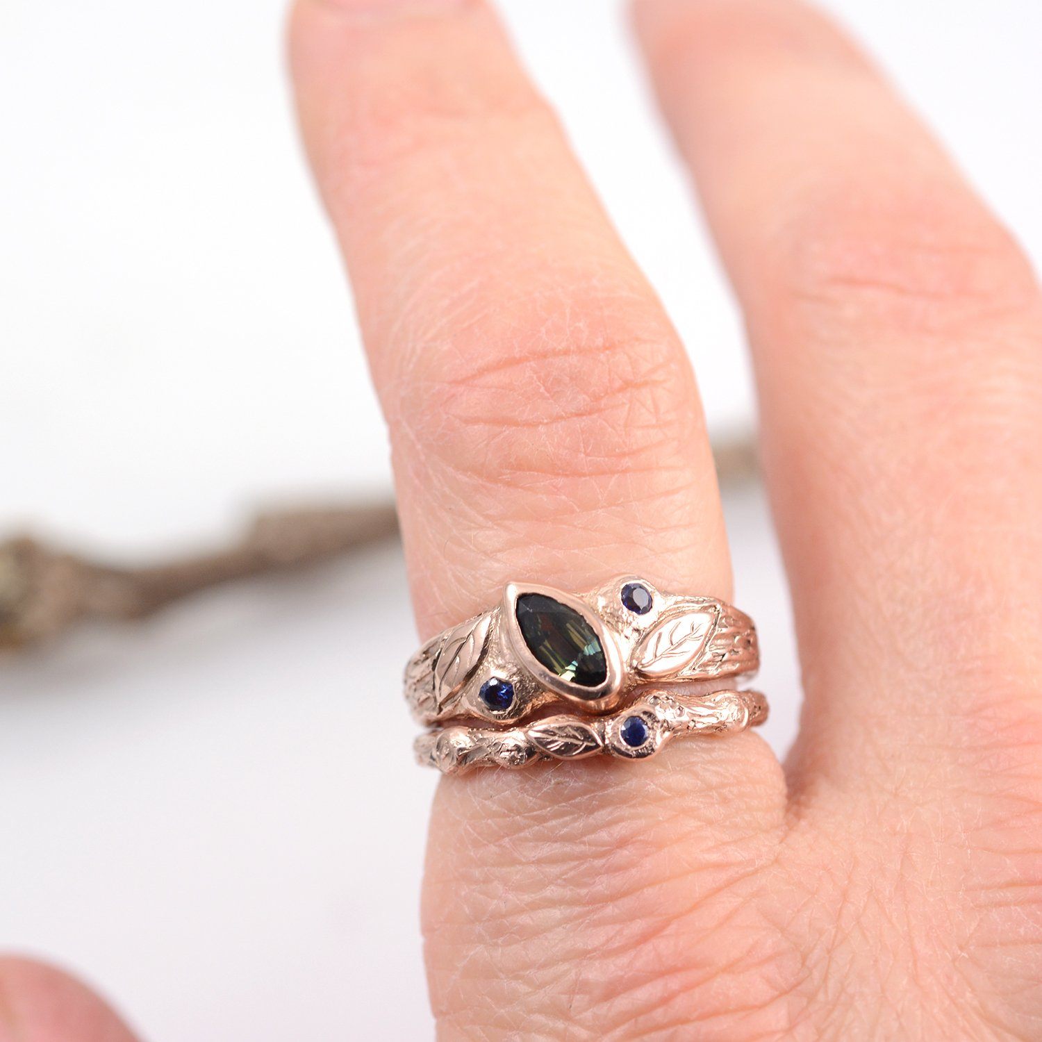 Custom Order for Amanda - rose gold twig ring with blue sapphire and leaf - Beth Cyr Handmade Jewelry