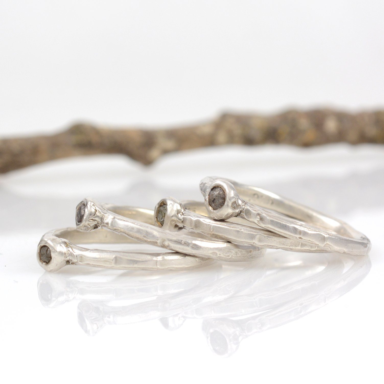 Rough Diamond Stacking Rings in Palladium Sterling Silver - Set of 4 - size 9 - Ready to Ship - Beth Cyr Handmade Jewelry