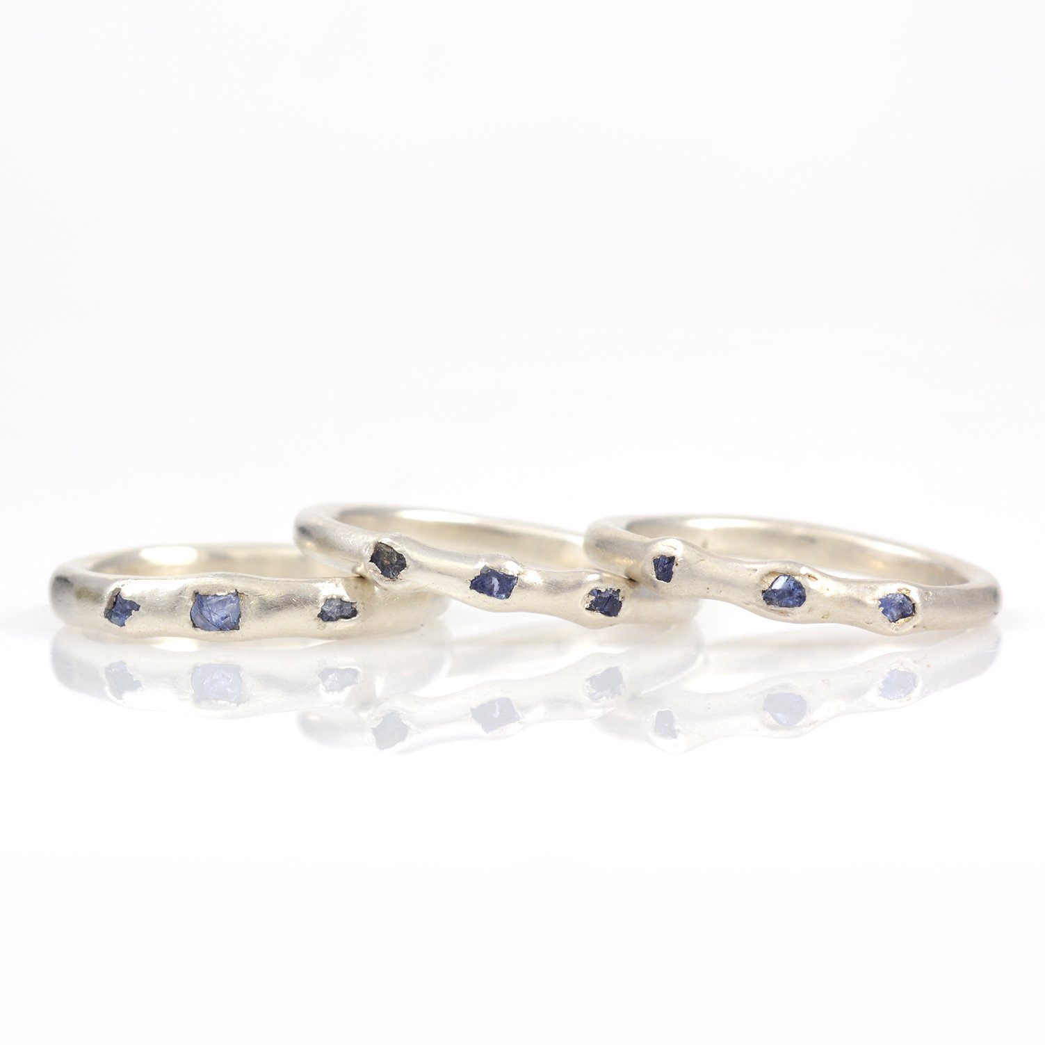 Rough Sapphire Trio Simplicity Wedding Rings in Palladium Sterling Silver - Size 6.25 or 7 - Ready To Ship - Beth Cyr Handmade Jewelry