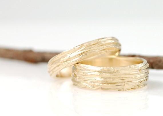 Tree Bark Wedding Rings in Yellow Gold - Made to Order - Beth Cyr Handmade Jewelry