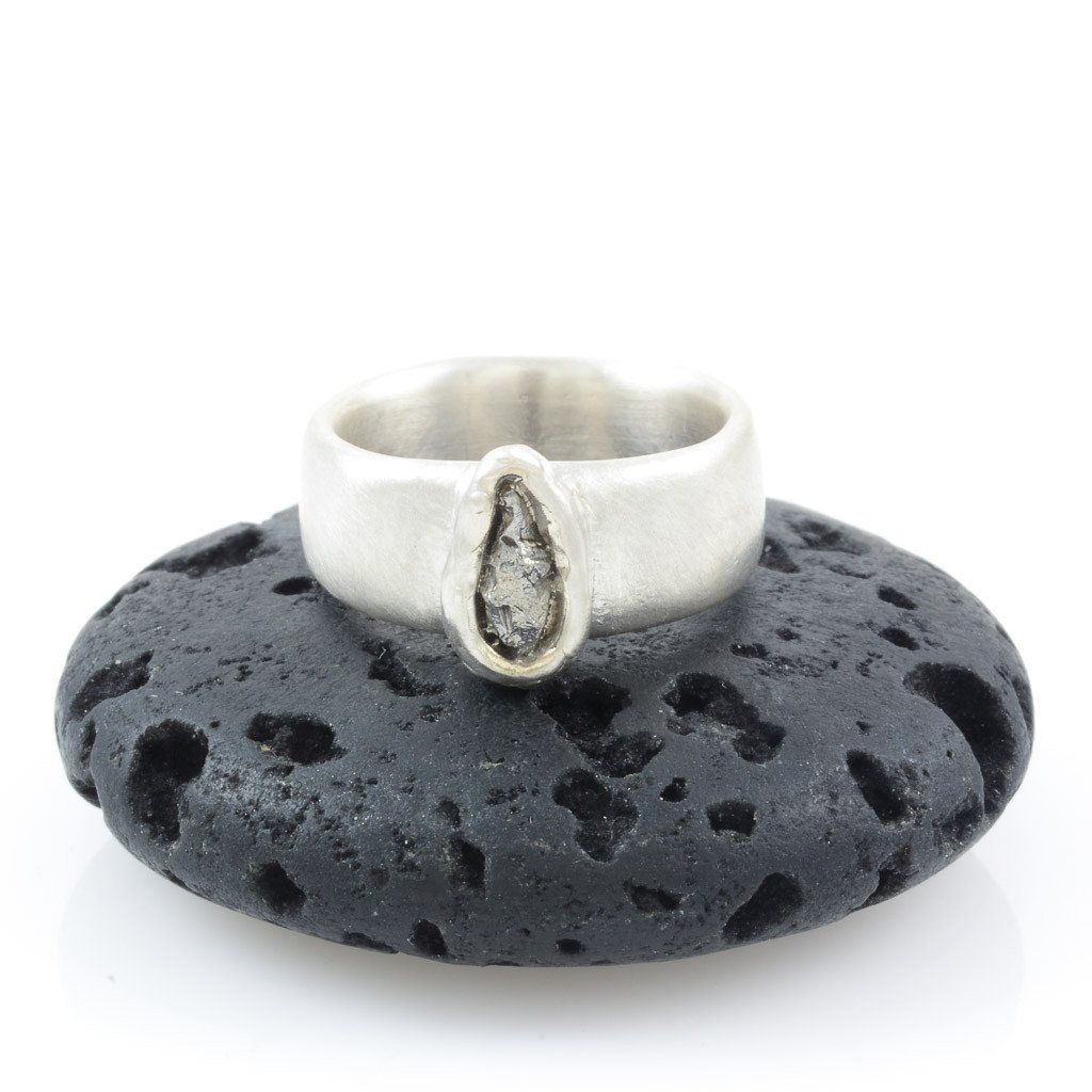 Simplicity Wide Band and Single Meteorite Ring in Palladium Sterling Silver - size 4 1/2 - Ready to Ship - Beth Cyr Handmade Jewelry