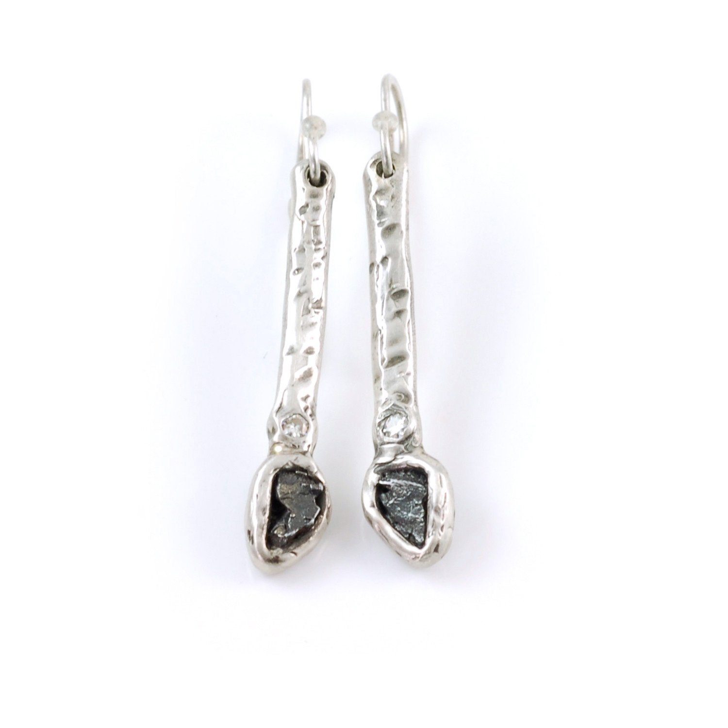 Meteorite and Moissanite Earrings in Sterling Silver - Made to Order - Beth Cyr Handmade Jewelry