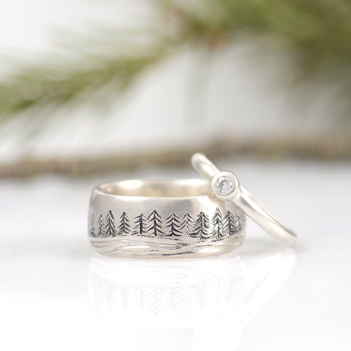 Tree and Sea Wedding Rings in Palladium Sterling Silver  - Made to Order - Beth Cyr Handmade Jewelry