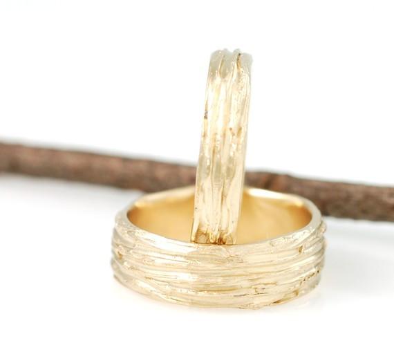 Tree Bark Wedding Rings in Yellow Gold - Made to Order - Beth Cyr Handmade Jewelry