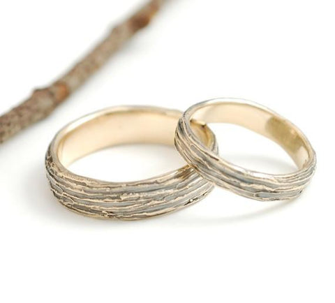 Tree Bark Wedding Rings in Yellow Gold - Made to Order - Beth Cyr Handmade Jewelry